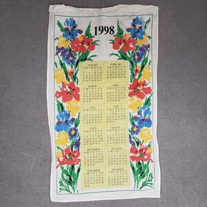 Vintage 1998 Linen Calendar Tea Towel Bright Flowers Spring Summer